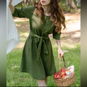 Linen Olive Green Dress XL